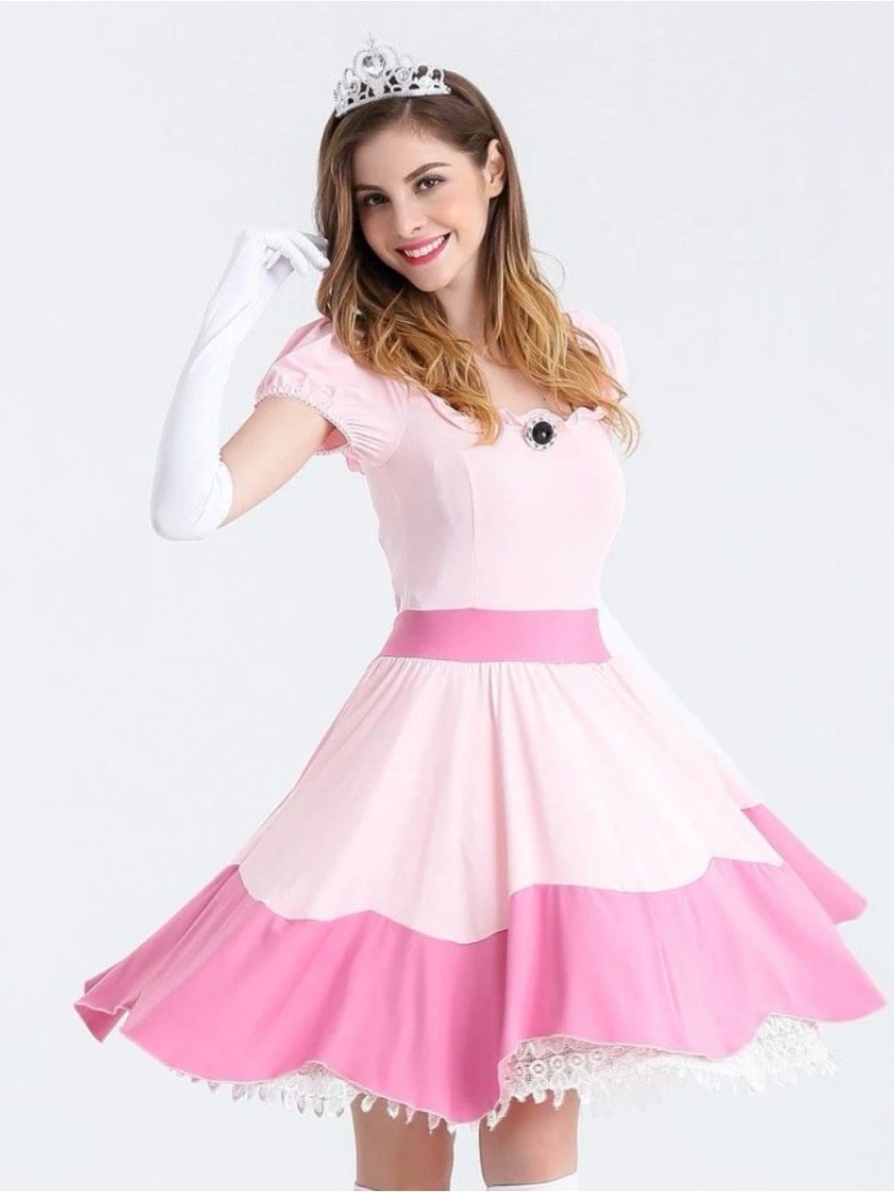 Princess Peach Costume Dress with Waistband, Glove and Tiara
